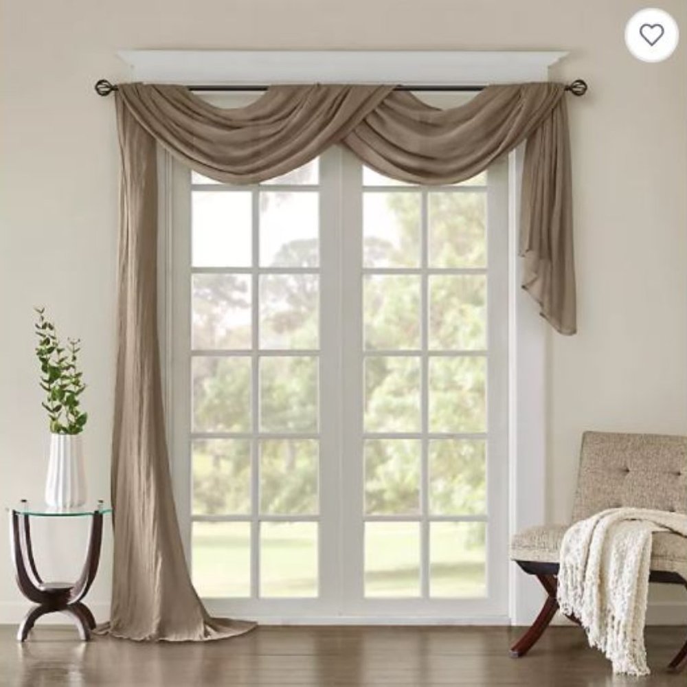 Madison Park Harper Solid Crushed Sheer 144-Inch Scarf Window Valance in Taupe